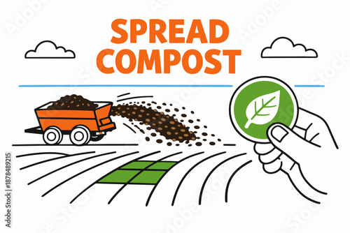 Cartoon illustration of compost spreader in action on farm field