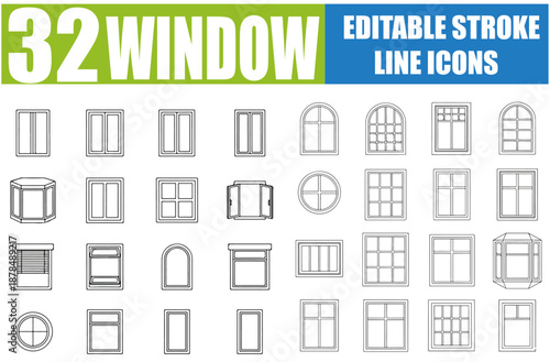Set of 32 outline icons related to window, viewport, browser and architectural opening. Linear icon collection. Editable stroke. Vector illustration