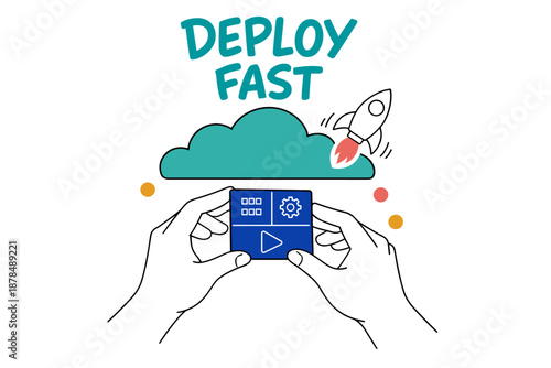 Rapid deployment concept with hands holding software icons and rocket illustration