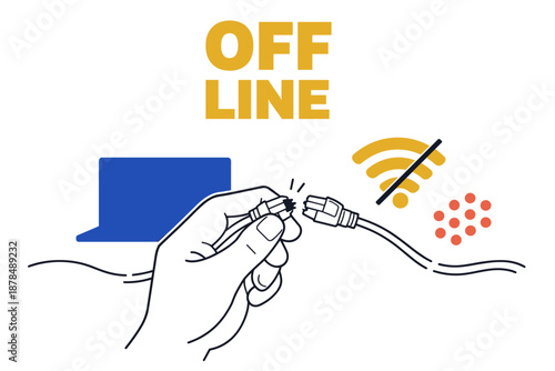 Disconnected internet concept with broken ethernet cable and offline icon