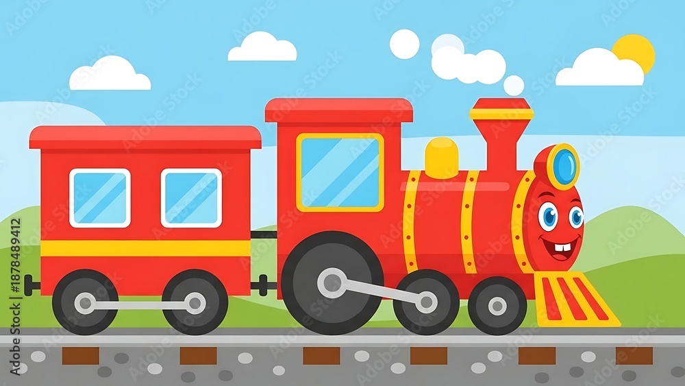 Naklejka premium Cartoon train on railway track outdoors.