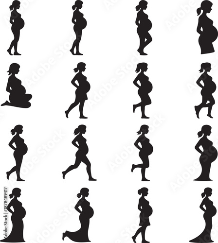 Pregnant woman silhouettes in various poses and movements