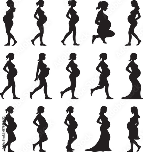 Pregnant women in various poses and outfits silhouettes