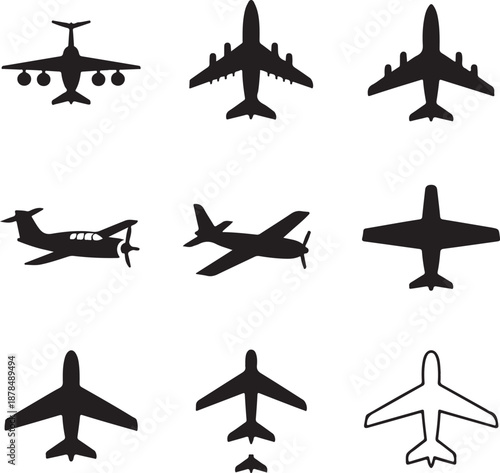 set of airplane silhouettes in various orientations and styles