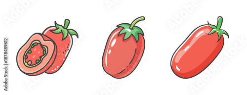 Ripe red roma tomatoes, one cut in half, hand-drawn illustration of fresh produce