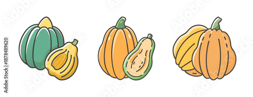 Two acorn squash and two halves, one green and one orange.