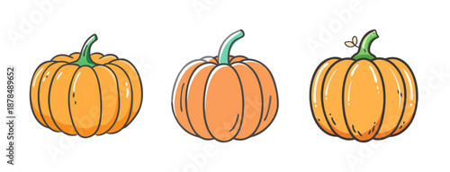 Three hand-drawn pumpkins in various shades of orange, isolated