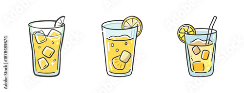Three glasses of iced lemonade with ice cubes, lemon slices and straws.