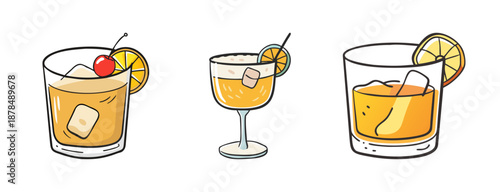 Three whiskey sour cocktails with garnishes, hand-drawn vector illustration