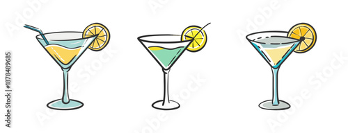 Three martini glasses with lemon twists and straws, hand-drawn style