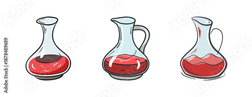 Three glass decanters filled with red wine, hand-drawn style, beverage service.