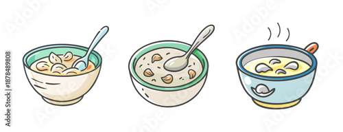 Three bowls of creamy clam chowder with spoons, hearty meal
