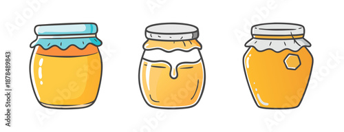 Three jars of golden honey with decorative lids, hand-drawn cartoon style.