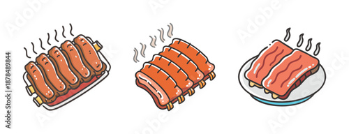 Steaming BBQ pork ribs served on a platter, hand-drawn cartoon style.