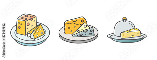 Assortment of delicious cheeses on plates, including cheddar and swiss.