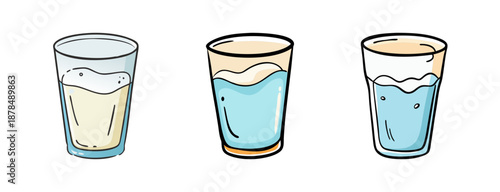 Three glasses with milk and water, showing different liquid levels.