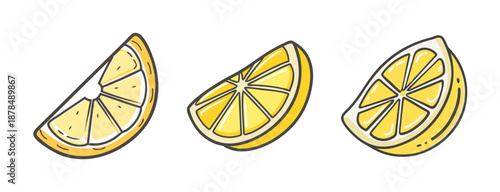 Three hand-drawn slices of fresh yellow lemon with juicy segments