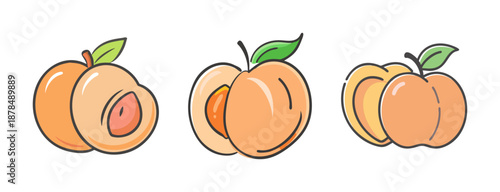 Juicy peaches, whole and sliced, fresh fruit, summer harvest, cartoon illustration
