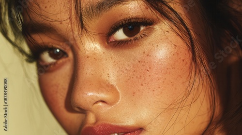 Close-up portrait of a fashionable Asian woman with glowing, flawless skin, modern beauty and skincare aesthetic, natural yet polished makeup, soft luminous lighting enhancing facial features