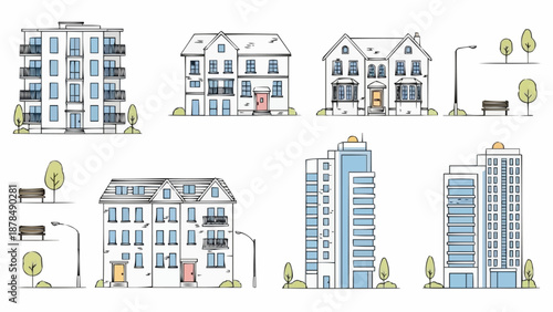 Collection of diverse building illustrations in sketch style.