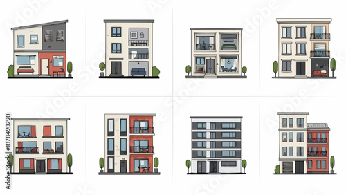 Collection of modern apartment buildings and townhouses.