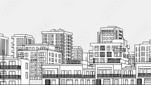Modern Cityscape Buildings Line Drawing Illustration.