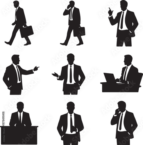 set of businessmen in various poses and actions on white background