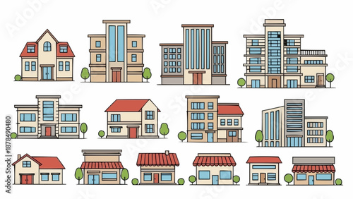 Collection of diverse building illustrations for architectural design.