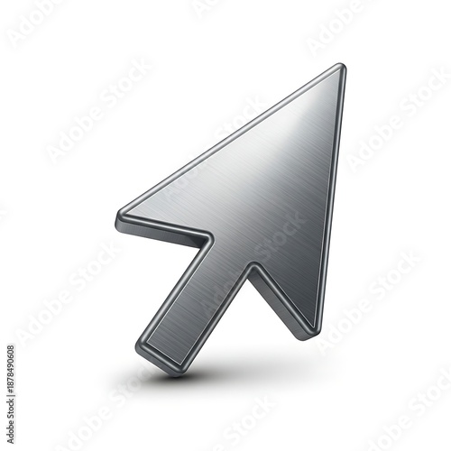 High-quality three-dimensional chrome cursor arrow symbol standing upright on a clean white surface for web design projects