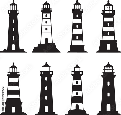 set of lighthouse silhouettes for design