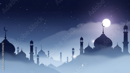 Silhouette of mosque architecture under starry night sky with full moon and foggy atmosphere evoking peaceful and serene ramadan or islamic holiday ambiance