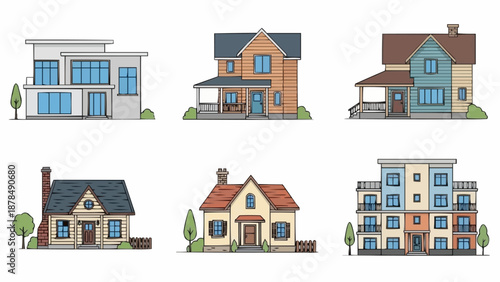 Collection of diverse residential house illustrations.