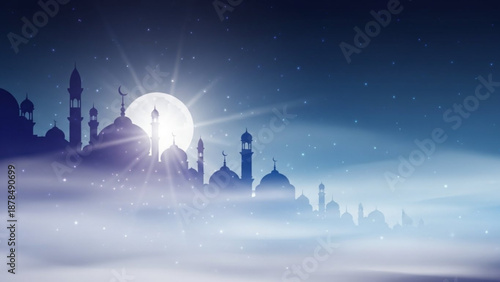 Moonlit islamic cityscape with mosques and foggy atmosphere at night