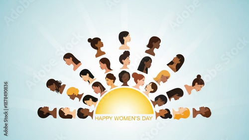 Diverse women faces around sun happy women's day celebration equality and empowerment concept