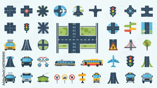 Collection of transportation and road icons and elements.