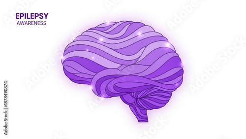 Purple brain illustration for epilepsy awareness with wavy stripes on white background