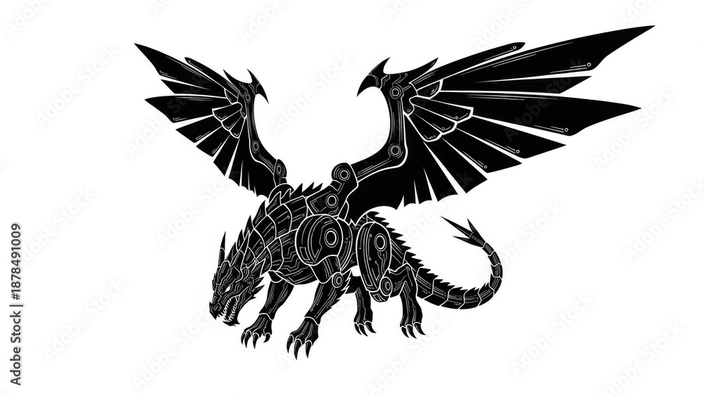 Fototapeta premium Cyber Dragon Silhouette Vector with Biomechanical Details for High Tech Branding