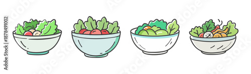 Four diverse salad bowls with fresh green lettuce and vegetables