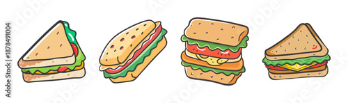 Assortment of four delicious sandwiches in a playful hand-drawn style
