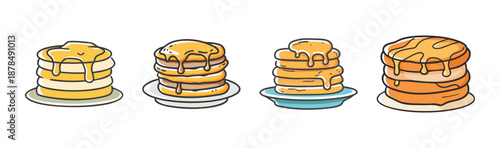 Stack of delicious pancakes with syrup, cartoon style, breakfast food illustration