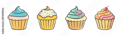 Four colorful cupcakes with frosting and sprinkles, hand-drawn style.
