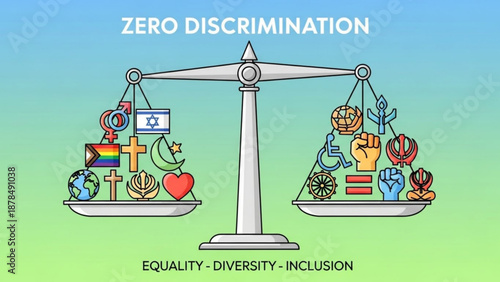 Balanced equality scale with diverse symbols on each side promoting zero discrimination and inclusivity