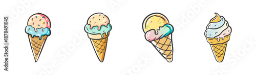 Assortment of four colorful ice cream cones with sprinkles and toppings