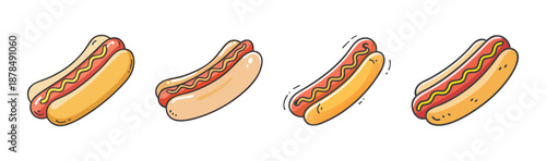 Four cartoon-style hot dogs with mustard and ketchup in buns, fast food.