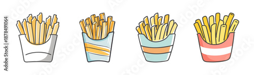 Four colorful cartons of french fries, vector illustration