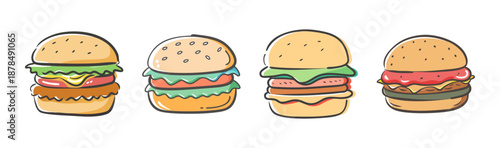 Four different hamburgers in a cute, hand-drawn cartoon style illustration.
