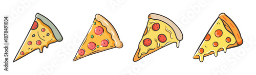 Four slices of cartoon pizza with pepperoni and cheese, isolated on white.