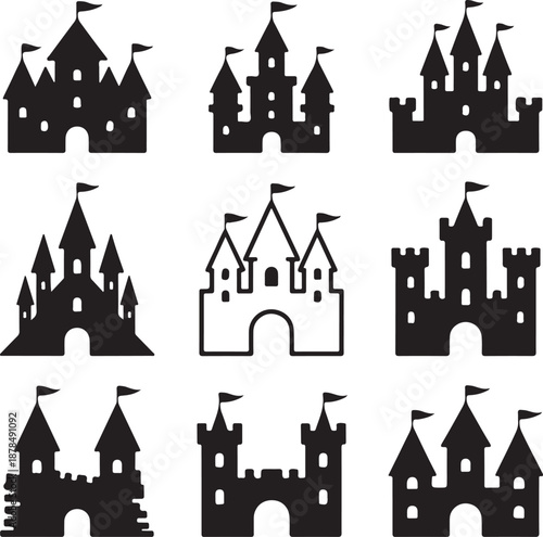 set of sand castle silhouettes and icons