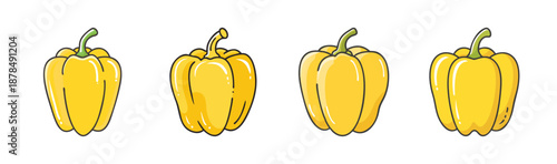 Four yellow bell peppers with green stems, isolated on white.