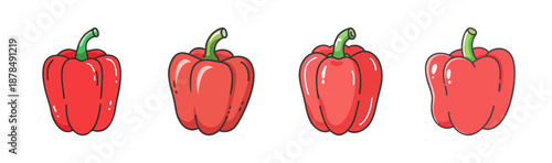 Four red bell peppers in a row, isolated on white background, vector art